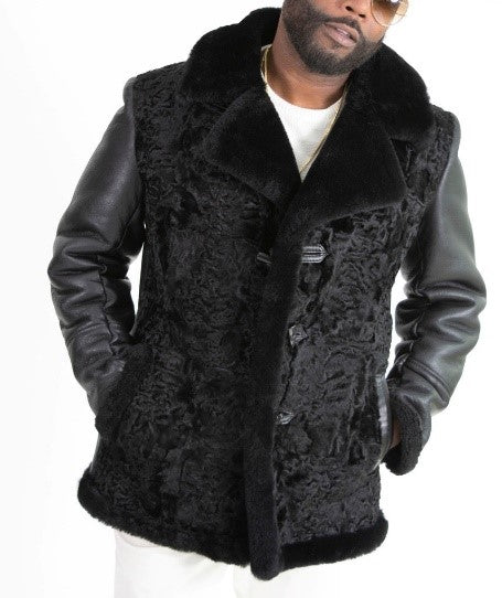 Persian Lamb Fur Karakul - Genuine Leather Shearling Collar Black Winter Coat for Men