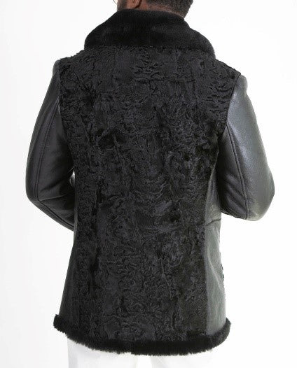Persian Lamb Fur Karakul - Genuine Leather Shearling Collar Black Winter Coat for Men