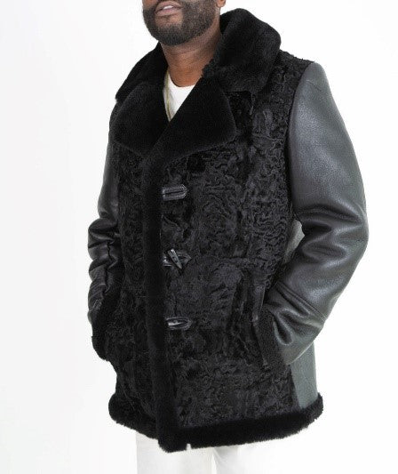 Persian Lamb Fur Karakul - Genuine Leather Shearling Collar Black Winter Coat for Men
