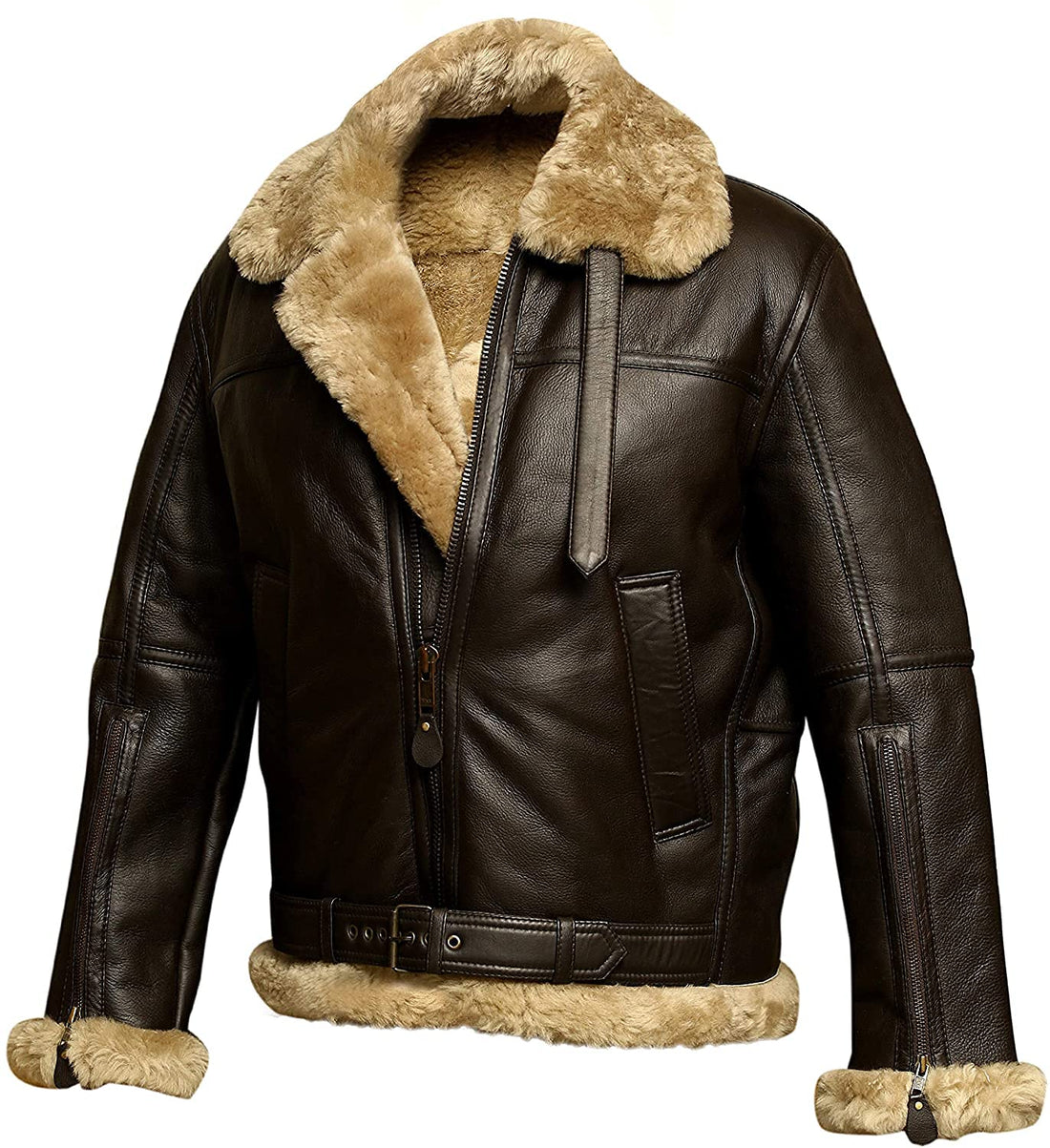 RAF Aviator Bomber Real Shearling Real Sheepskin Brown Leather Jacket (4XL)