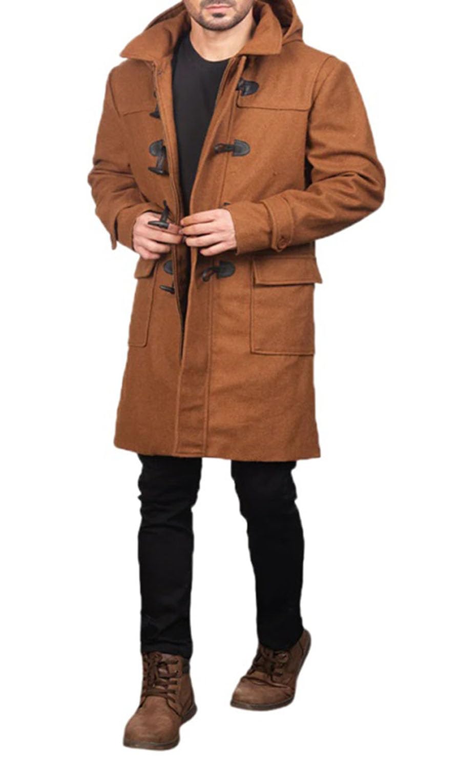 ZA Fashion Cloud Mens Brown Wool Hooded Duffle Long Coat Premium Toggle Buttons with Placket & Zipper Overcoat