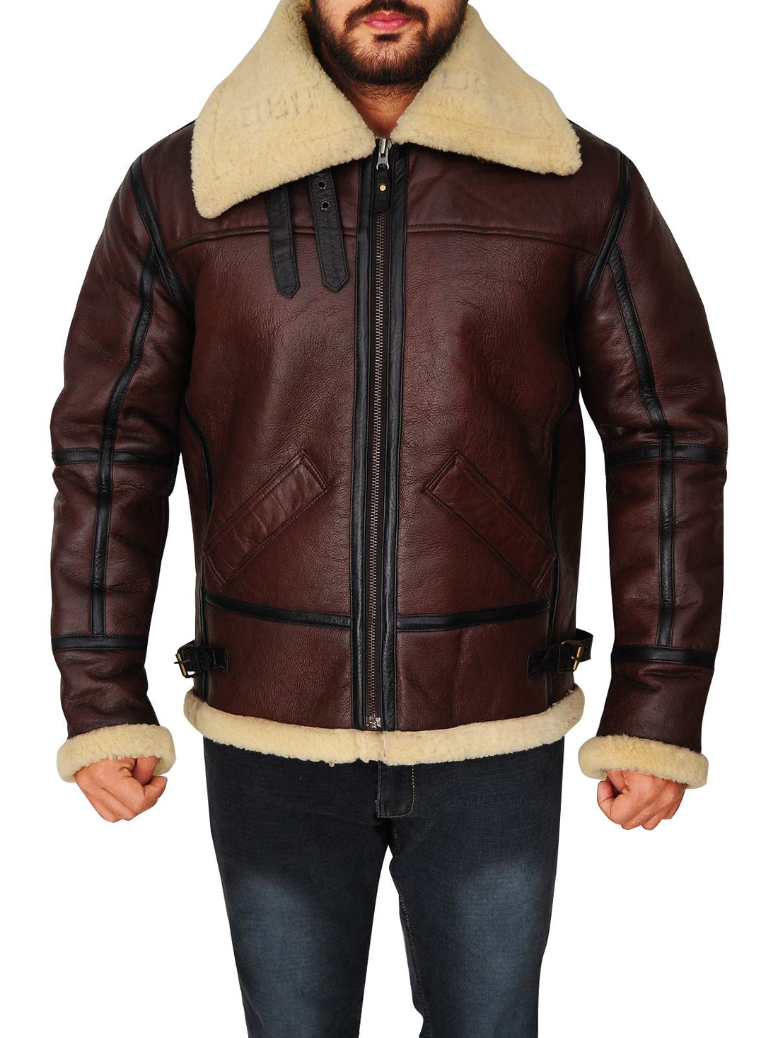 Mens Aviator Flying B3 Real Shearling Sheepskin Leather Bomber Jacket (XS)