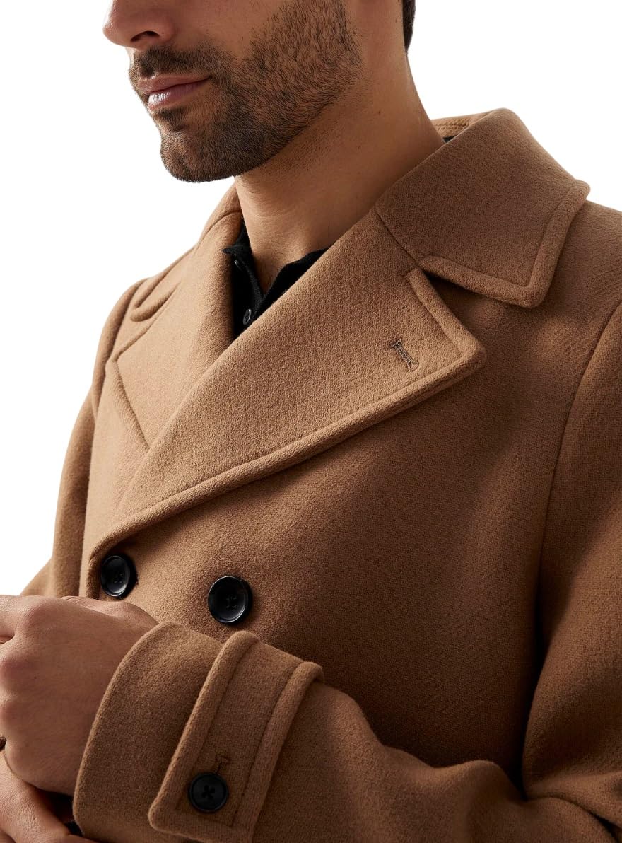 ZA Fashion Cloud Men's Urban Casual Wool Blend Warm Business Jacket Soft Premium Brown Double Breasted Notch Collar Overcoat