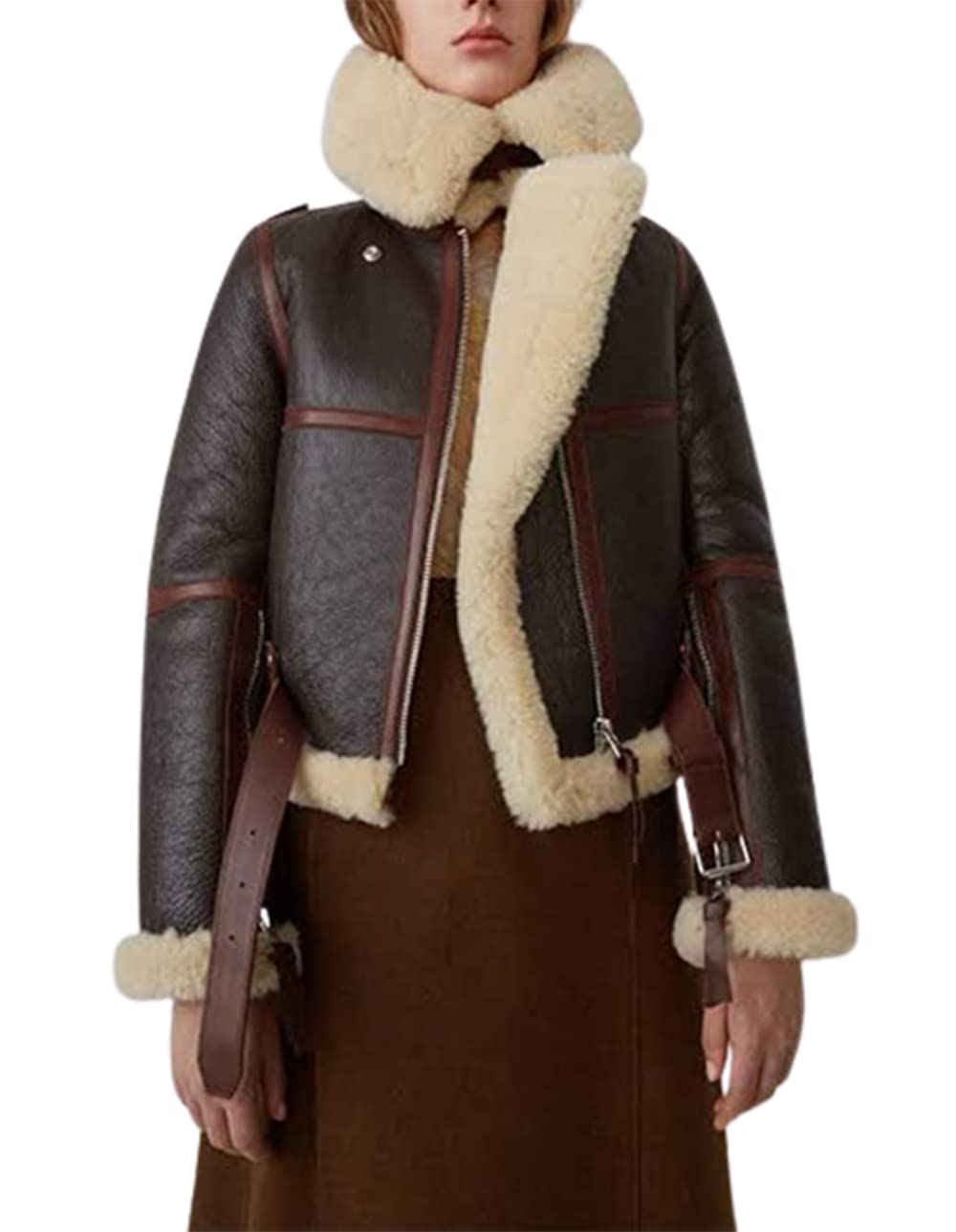 ZA Fashion Cloud Women B3 Sheepskin Aviator Flight Fur Shearling Short Bomber Jacket
