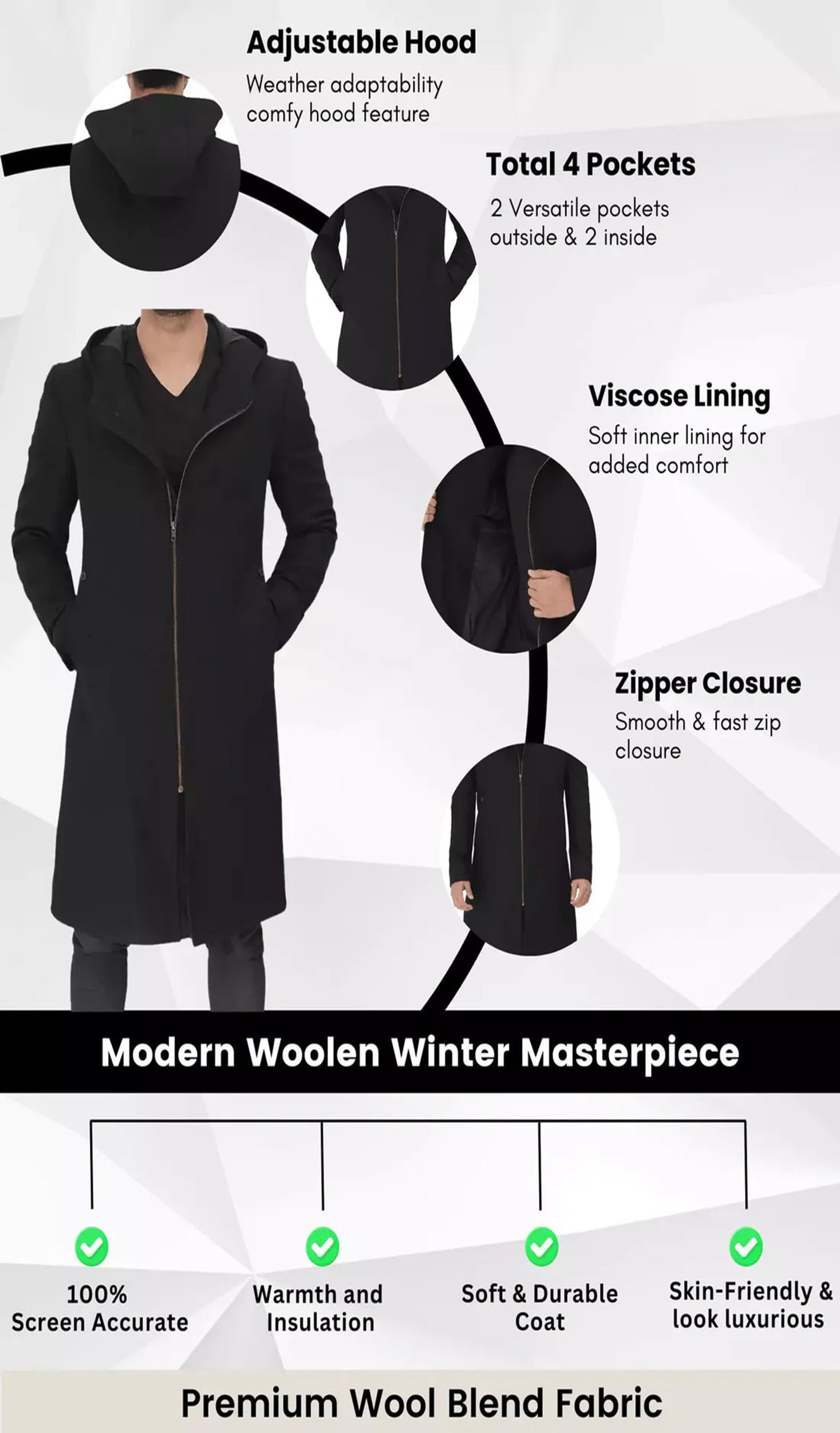 Men's Black Slim Fit Long Wool Trench Full-Front Zipper Coat With Hood Warm Premium Heavy Winter Overcoat