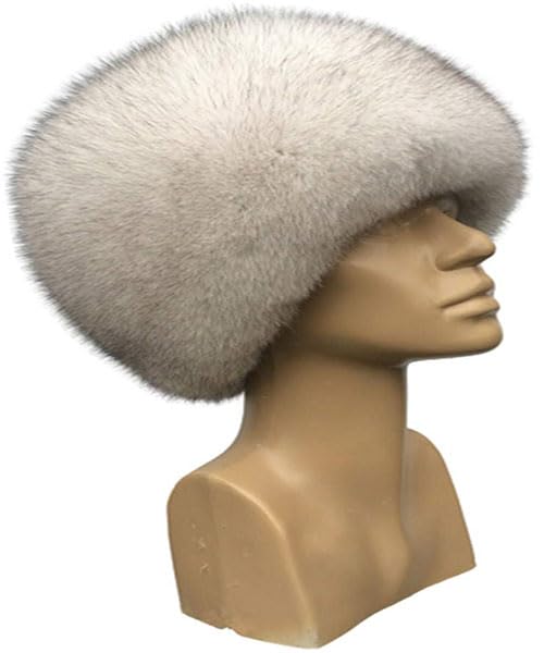 Blue Fox Fur Cap Adjustable All Natural Russian Style Warm White Hat