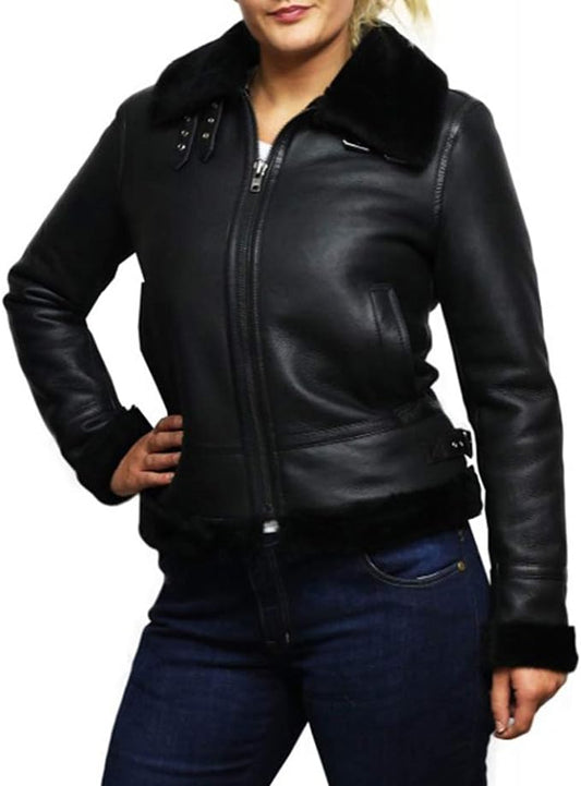 Womens Genuine B3 Shearling Sheepskin Leather Aviator Flying Bomber Jacket