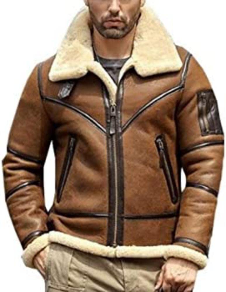 Mens Shearling B3 Bomber Flight Sheepskin Aviator Winter Coat Leather Jacket (4XL)