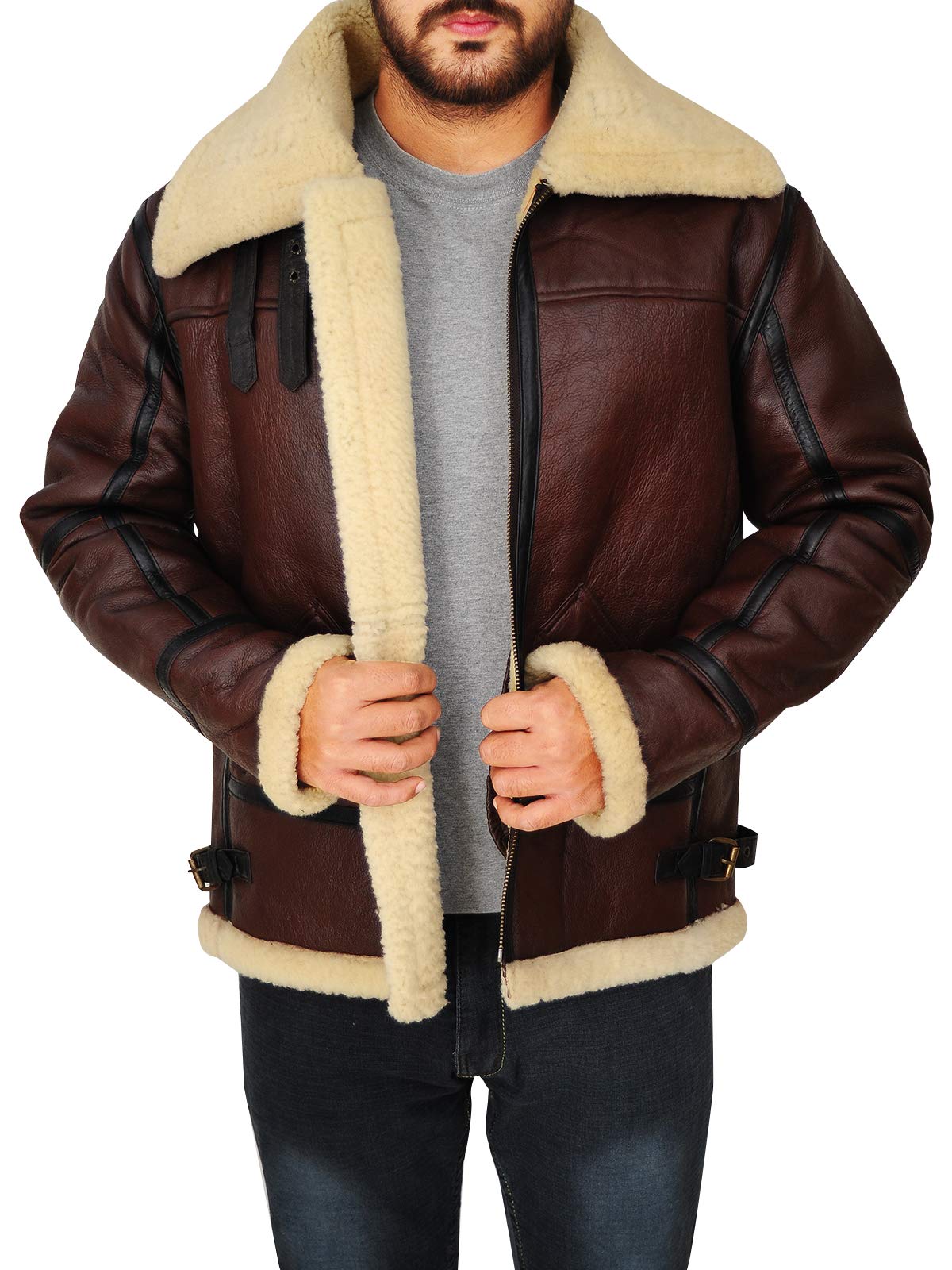Mens Aviator Flying B3 Real Shearling Sheepskin Leather Bomber Jacket (S)