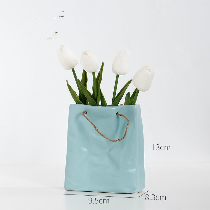 Crickle Paper Bag Ceramic Vase, Square Wide Mouth Pleated Vase Unique Home Decor