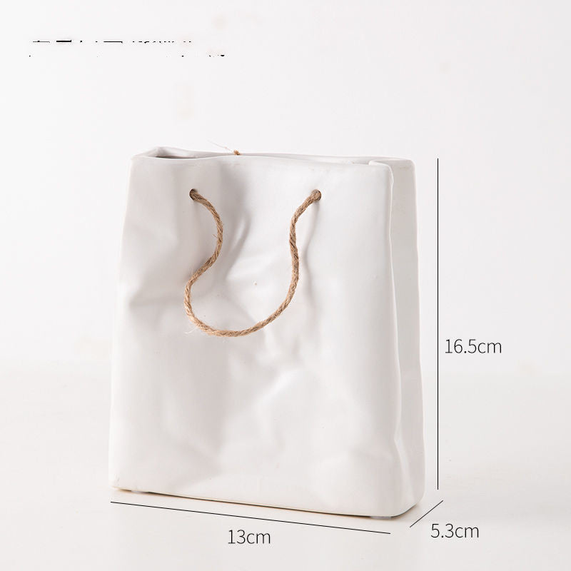 Crickle Paper Bag Ceramic Vase, Square Wide Mouth Pleated Vase Unique Home Decor