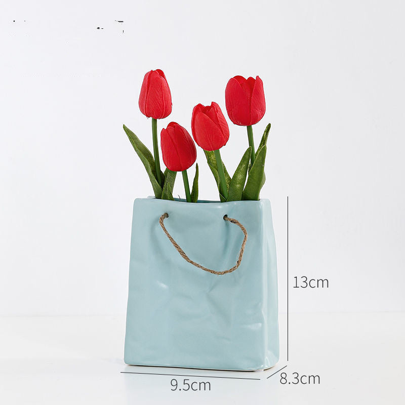 Crickle Paper Bag Ceramic Vase, Square Wide Mouth Pleated Vase Unique Home Decor