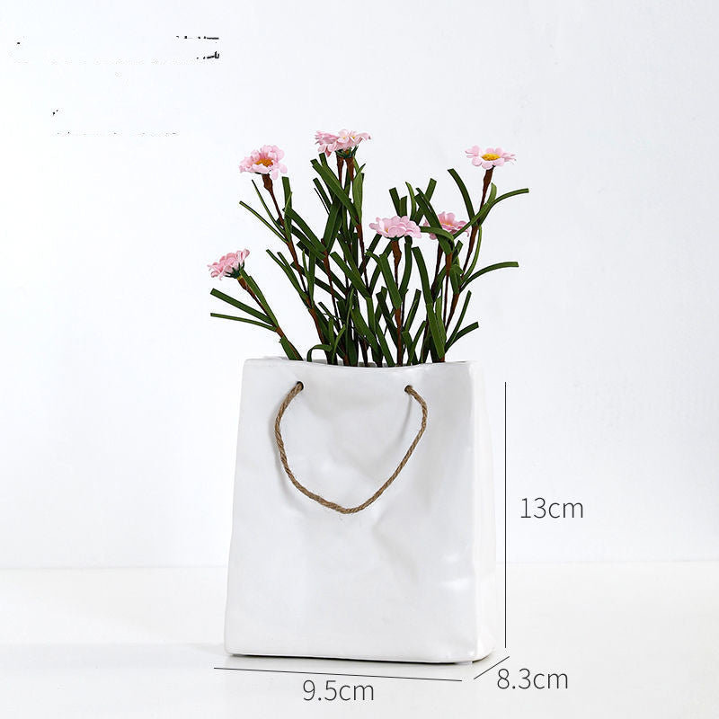Crickle Paper Bag Ceramic Vase, Square Wide Mouth Pleated Vase Unique Home Decor