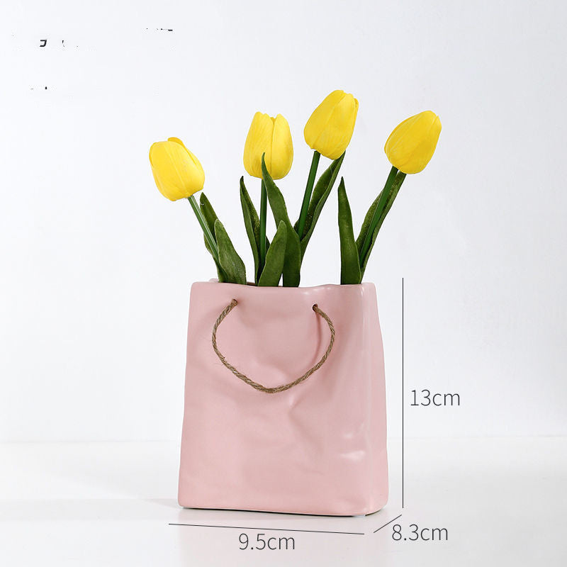 Crickle Paper Bag Ceramic Vase, Square Wide Mouth Pleated Vase Unique Home Decor