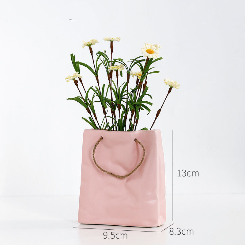 Crickle Paper Bag Ceramic Vase, Square Wide Mouth Pleated Vase Unique Home Decor