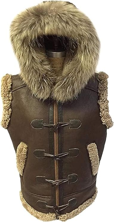 RAF B3 Brown Bomber Removable Hoodie Real Shearling Sheepskin Leather Vest