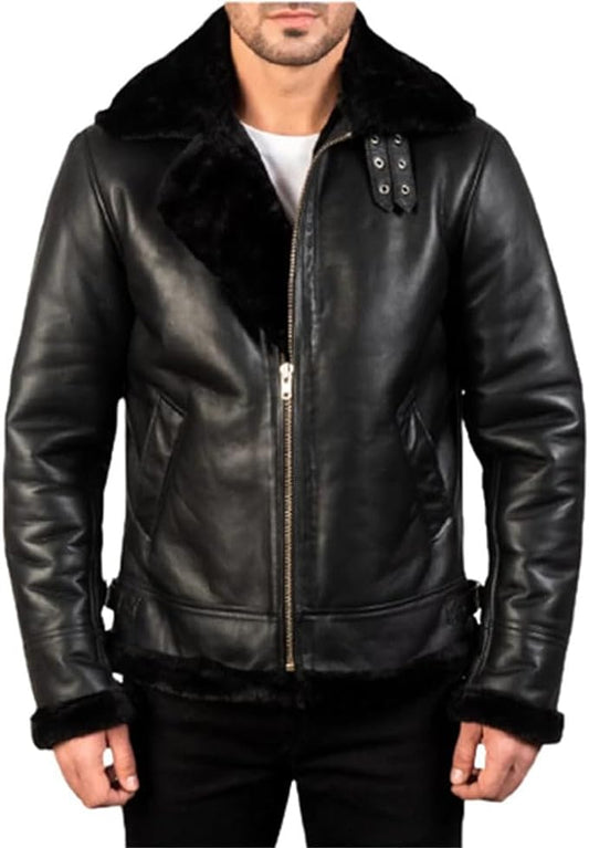 Mens Real Black Shearling Sheepskin Flying Bomber Aviator WW2 Winter Leather Jacket