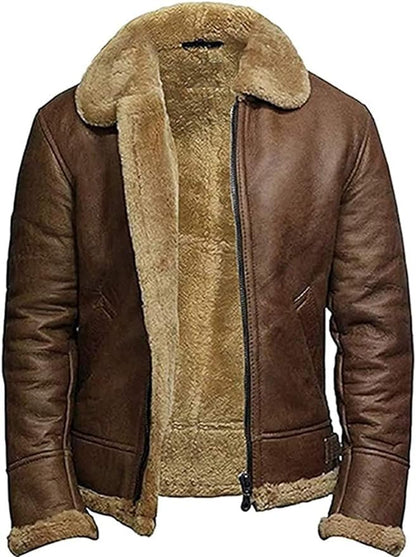 Mens Genuine Shearling Sheepskin Leather Bomber Flying Pilot Jacket