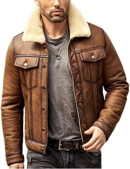 Mens Genuine Sheepskin Shearling B3 Flight Aviator Winter Coat Fur Bomber Leather Jacket