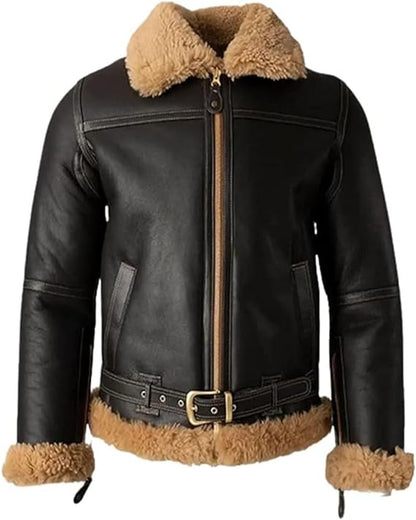 Men B3 Bomber Real Aviator Shearling Sheepskin Leather Flying Winter Jacket