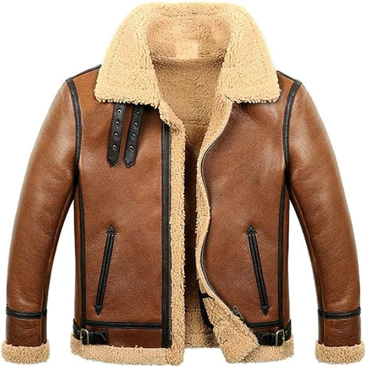 Mens Sheepskin Shearling B3 Brown Bomber Jacket Aviator Fur Coat