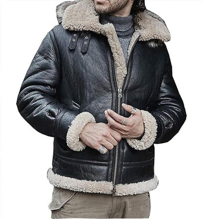 New Mens Sheepskin Shearling Detachable Hooded B3 Flight Jacket Raccoon Fur Collar Aviator Coat