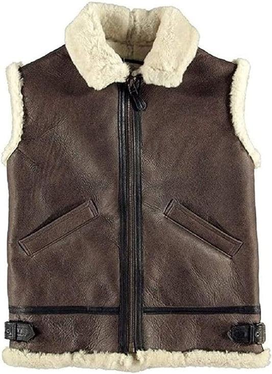 B3 Brown Bomber White Real Shearling Sheepskin Leather Winter Vest