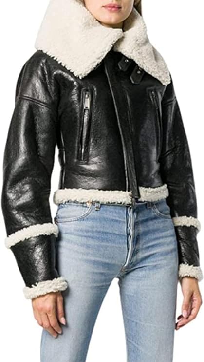 Womens's Short Black Fur Sheepskin Aviator Bomber Leather Jacket