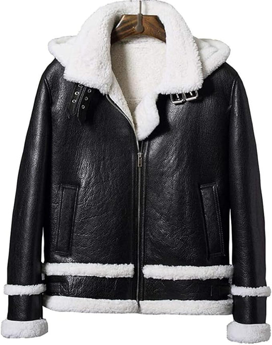 Mens B3 Black Shearling Bomber Hooded Leather Fur Jacket Winter Short Sheepskin Coat