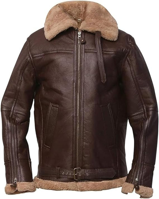 Mens Genuine Aviator Flight B3 Bomber Brown Shearling Sheepskin Arvin Leather Winter Jacket