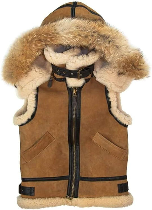 B3 Bomber Aviator Flying Pilot Removable Hood Fur Shearling Sheepskin Leather Vest Jacket