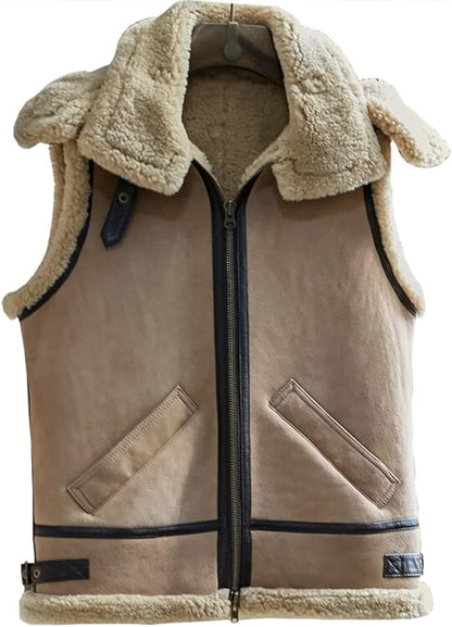 New Mens Genuine B3 Brown Shearling Leather Bomber Sheepskin Fur Hooded Vest