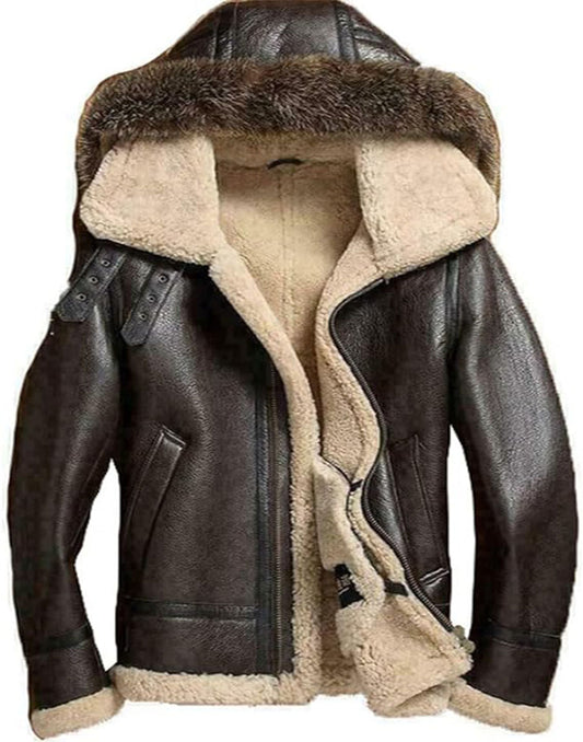 Men Real Leather Sheepskin Raccoon Fur Detachable Hood Winter Flying Jacket