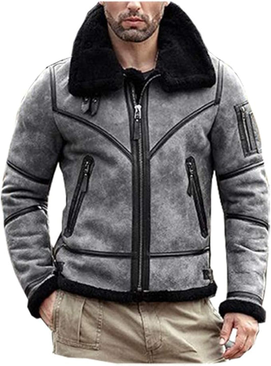 Mens Real Sheepskin Shearling Jacket B3 Flight Aviator Coat Fur Bomber Winter Leather Jacket