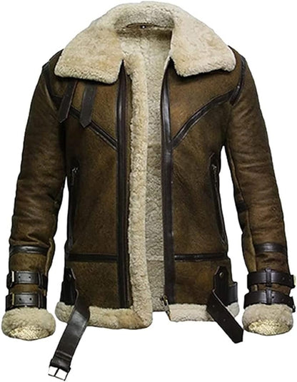 Mens Real RAF Shearling Sheepskin B3 Bomber Flying Pilot Aviator Leather Jacket Winter Coat