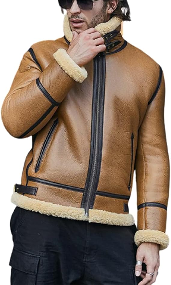 Mens B3 Genuine Bomber Flight Shearling Sheepskin Aviator Winter Fur Pilot Leather Coat