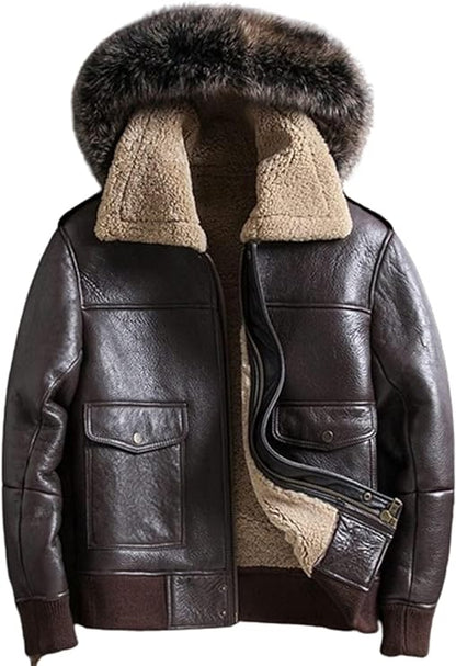 Mens Real Sheepskin Shearling Raccoon Fur Detachable Hoodie B3 Bomber Winter Jacket