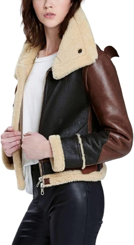 Women Sheepskin B3 Flight Aviator Fur Shearling Short Bomber Jacket