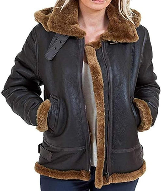 Womens Real B3 Shearling Sheepskin Flight Aviator Hood Leather Soft Jacket