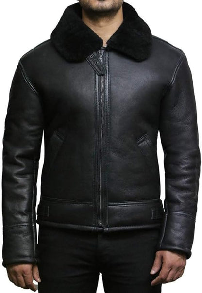 Mens Aviator Black RAF B3 Genuine Sheepskin Shearling Coat Flight Leather Winter Jacket