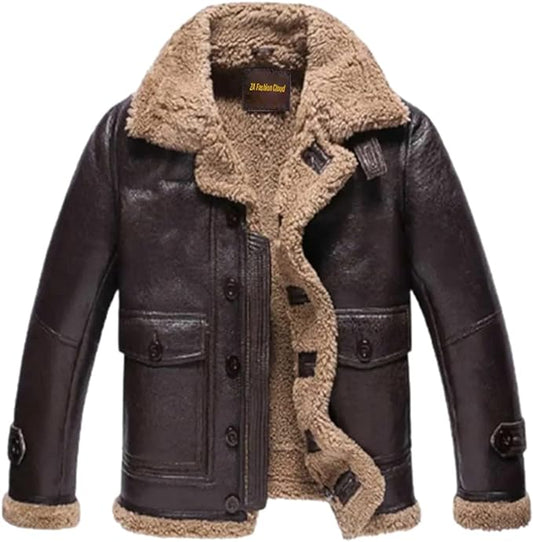 New Mens Genuine Aviator B3 Bomber Shearling Sheepskin Flying Distressed Leather Fur Jacket