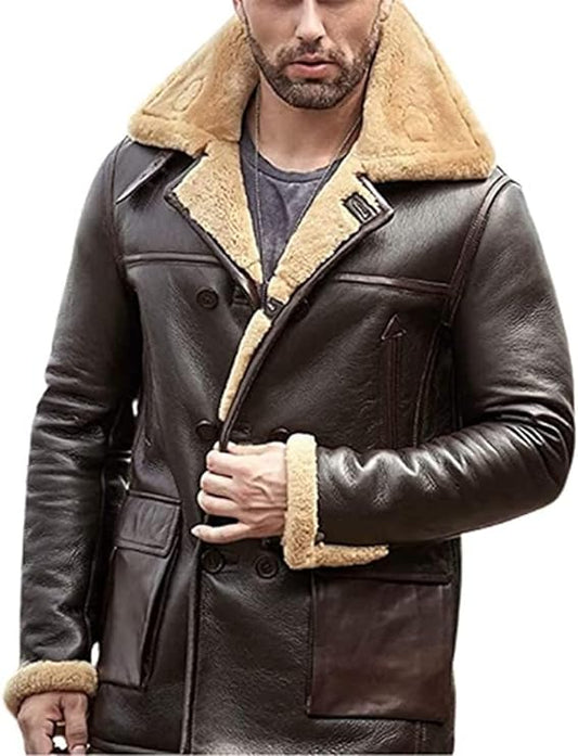 Mens Real Shearling Sheepskin B3 Flying Aviator Winter Coat Bomber Leather Jacket