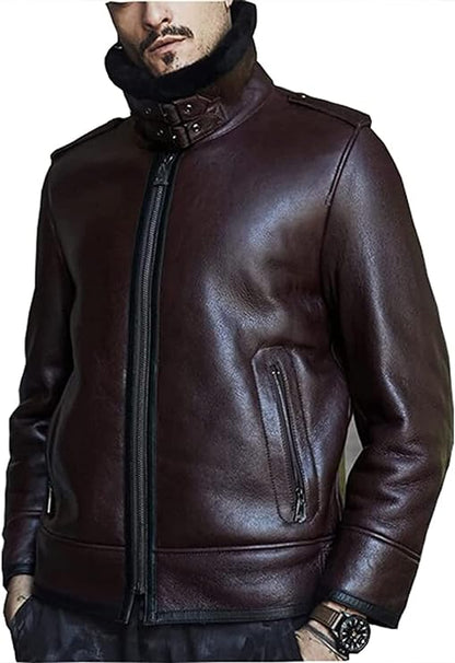 Mens B3 Shearling Sheepskin Coat Classic Lapel Design Biker leather Jacket