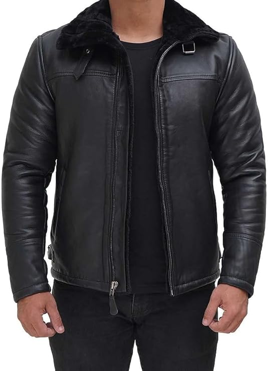 Black Real Shearling Sheepskin Bomber Aviator Flight Distressed Leather Jacket