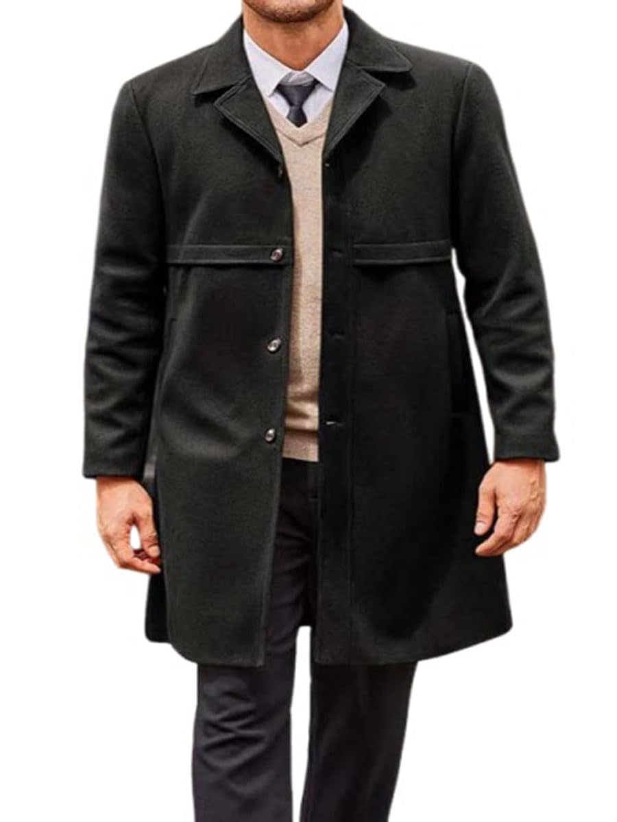 ZA Fashion Cloud Men's Black Notched Collar Fall Winter Single Breasted Long Warm Soft Trench Slim Fit Coat