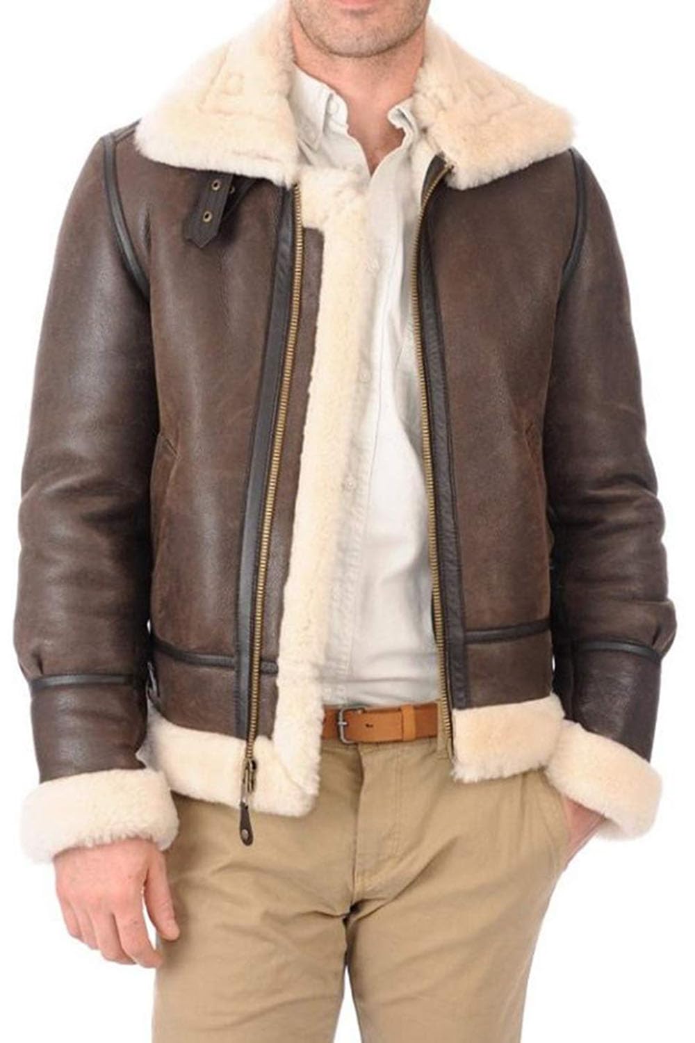 ZA Fashion Cloud Mens Genuine RAF B3 fur Bomber Leather Aviator Flight Sheepskin Shearling leather Jacket