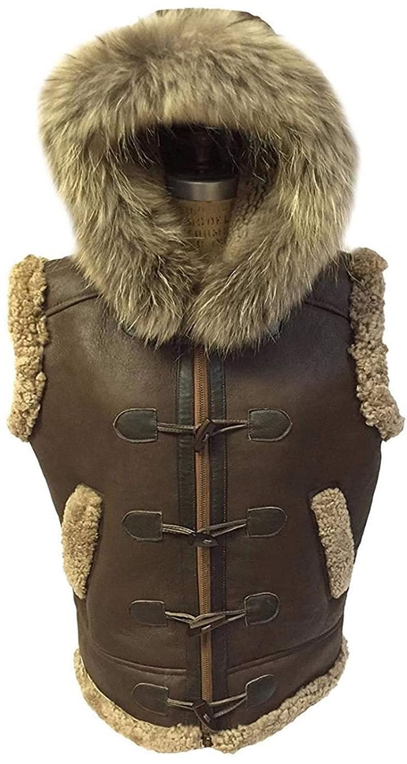 ZA Fashion Cloud Mens Real RAF B3 Bomber Removable Hood Shearling Sheepskin Flight Leather Winter Vest
