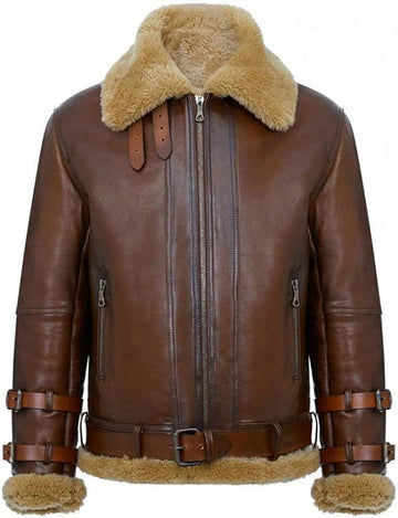 Men's Real Shearling Sheepskin Leather Pilot Aviator B3 Bomber Flying Jacket (Large)