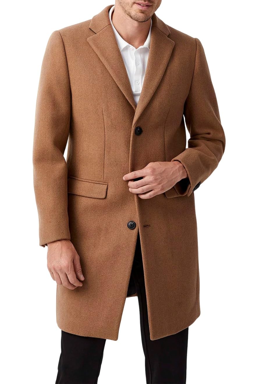 Mens Brown Wool Button Closer Winter Single Breasted Long Warm Soft Overcoat