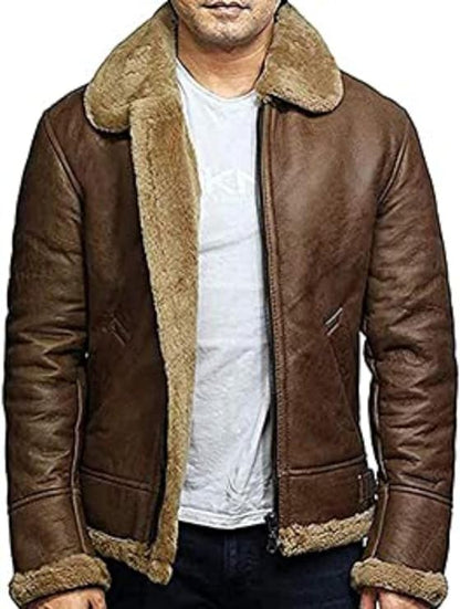 Mens Genuine Shearling Sheepskin Leather Bomber Flying Pilot Jacket